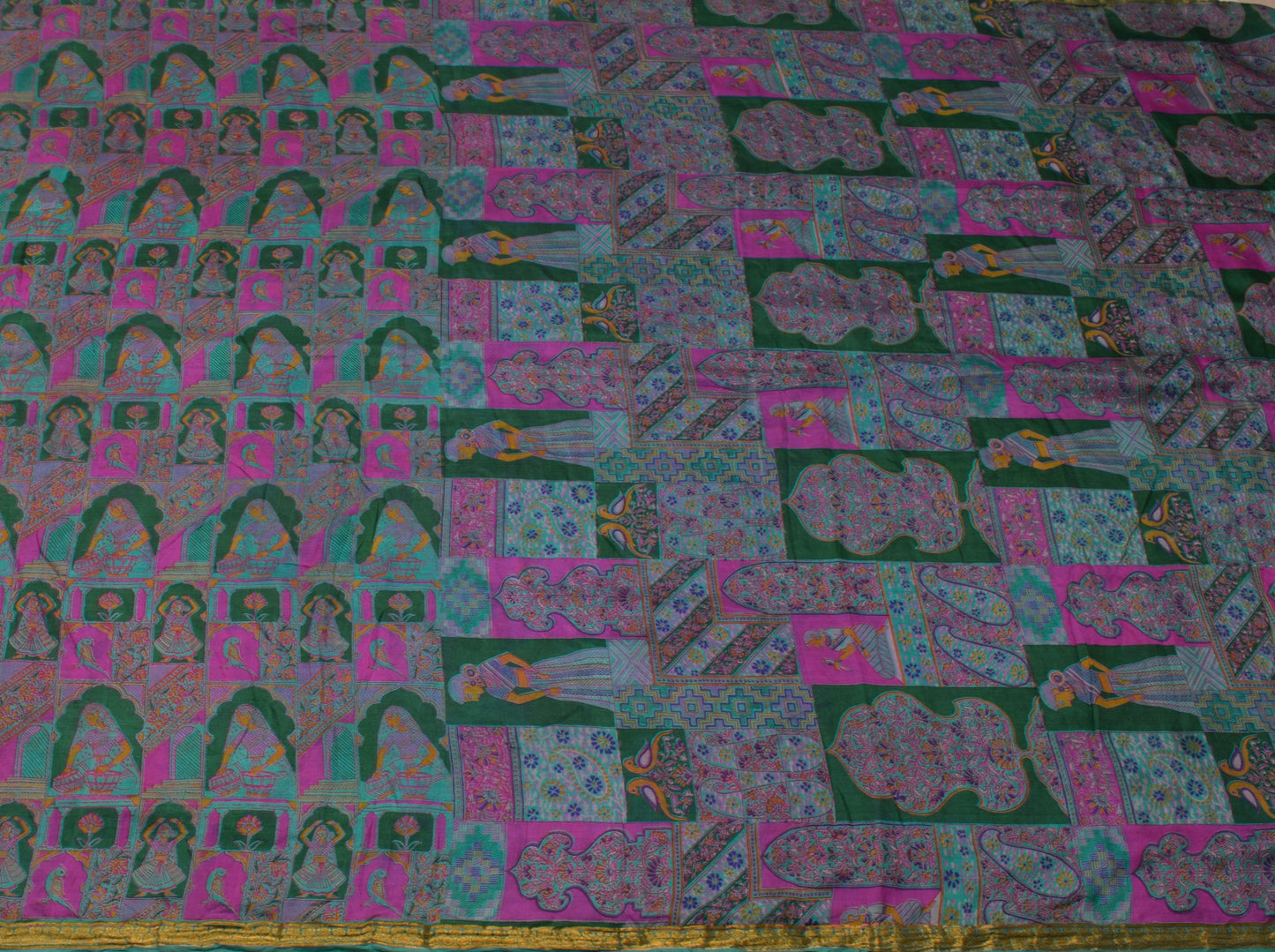 Sushila Vintage Indian Scrap Saree 100% Pure Silk Printed Humans Sari Fabric