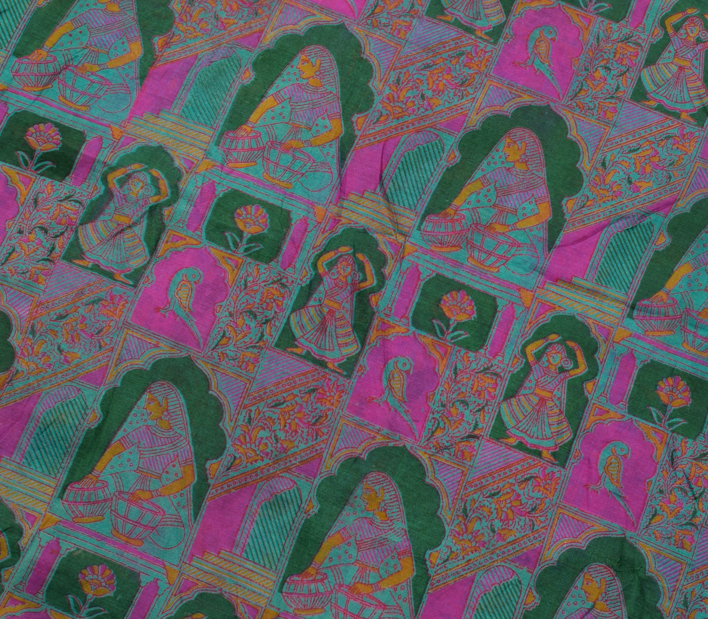 Sushila Vintage Indian Scrap Saree 100% Pure Silk Printed Humans Sari Fabric