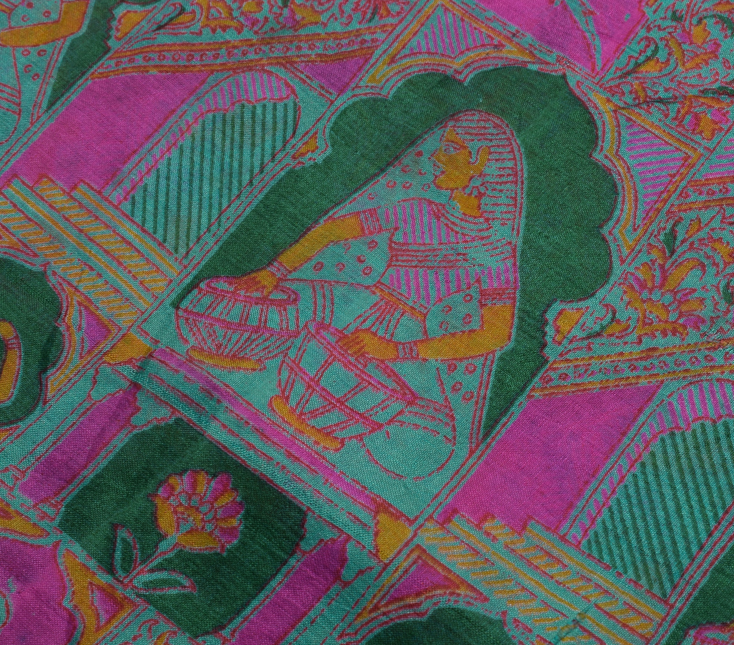 Sushila Vintage Indian Scrap Saree 100% Pure Silk Printed Humans Sari Fabric