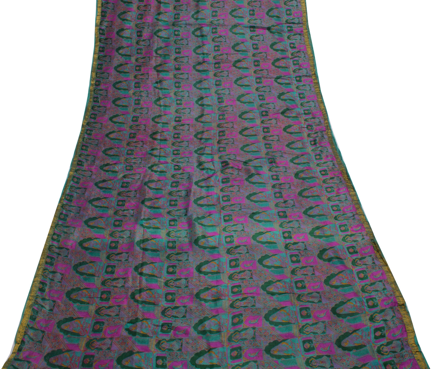 Sushila Vintage Indian Scrap Saree 100% Pure Silk Printed Humans Sari Fabric