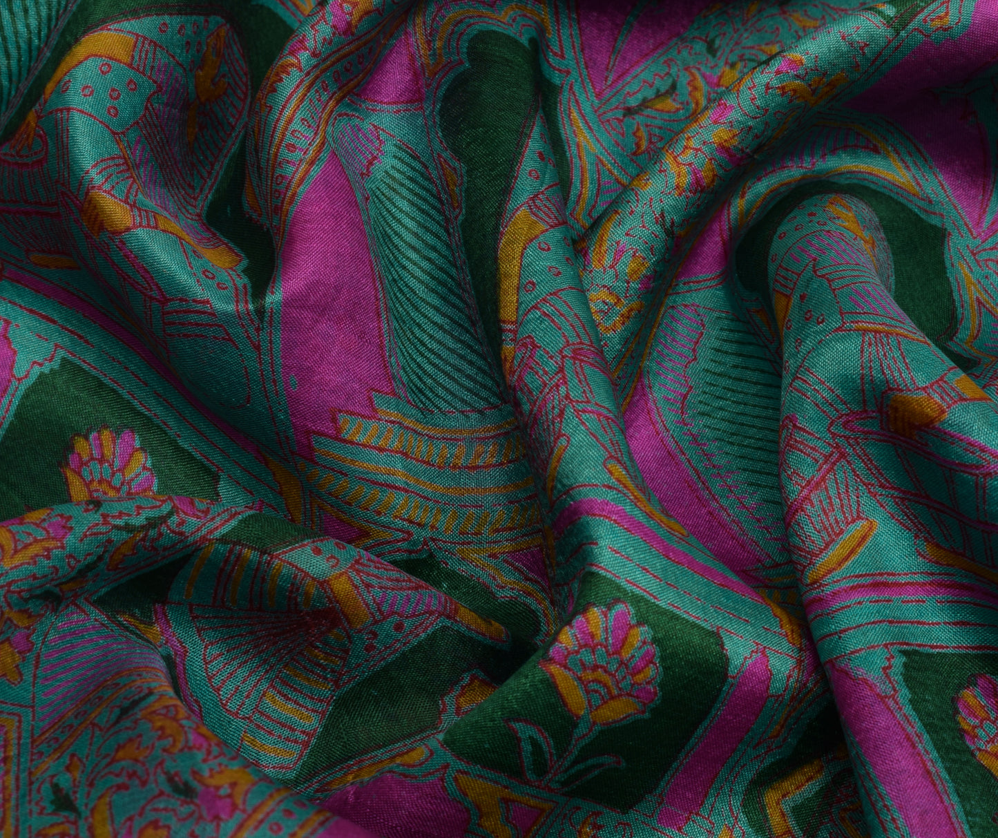 Sushila Vintage Indian Scrap Saree 100% Pure Silk Printed Humans Sari Fabric