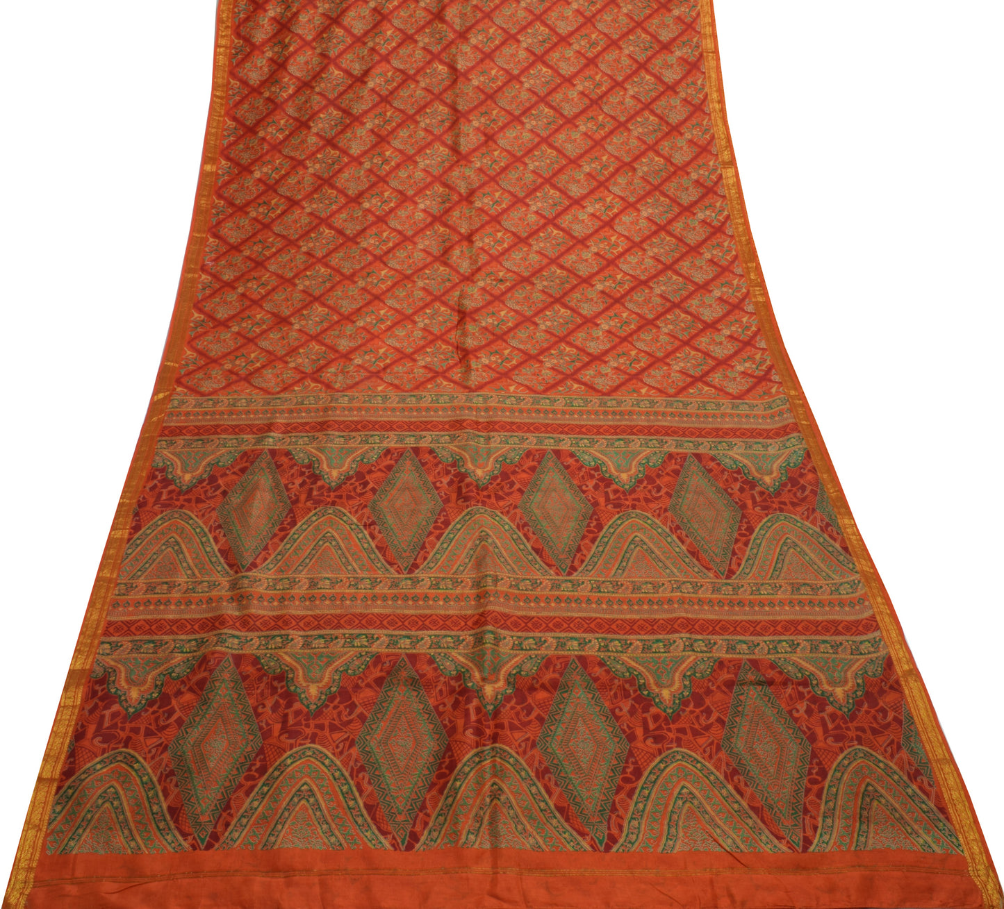 Sushila Vintage Orange Scrap Saree 100% Pure Silk Printed Floral Sari Fabric