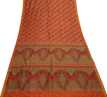 Sushila Vintage Orange Scrap Saree 100% Pure Silk Printed Floral Sari Fabric