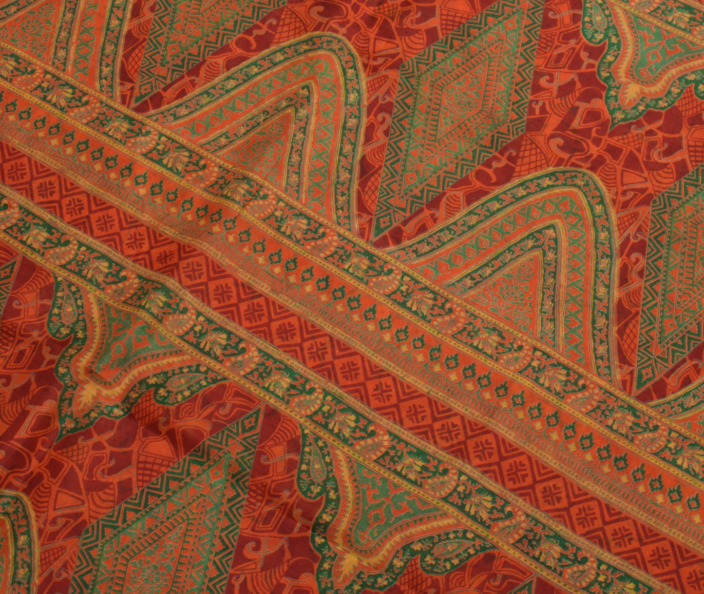 Sushila Vintage Orange Scrap Saree 100% Pure Silk Printed Floral Sari Fabric