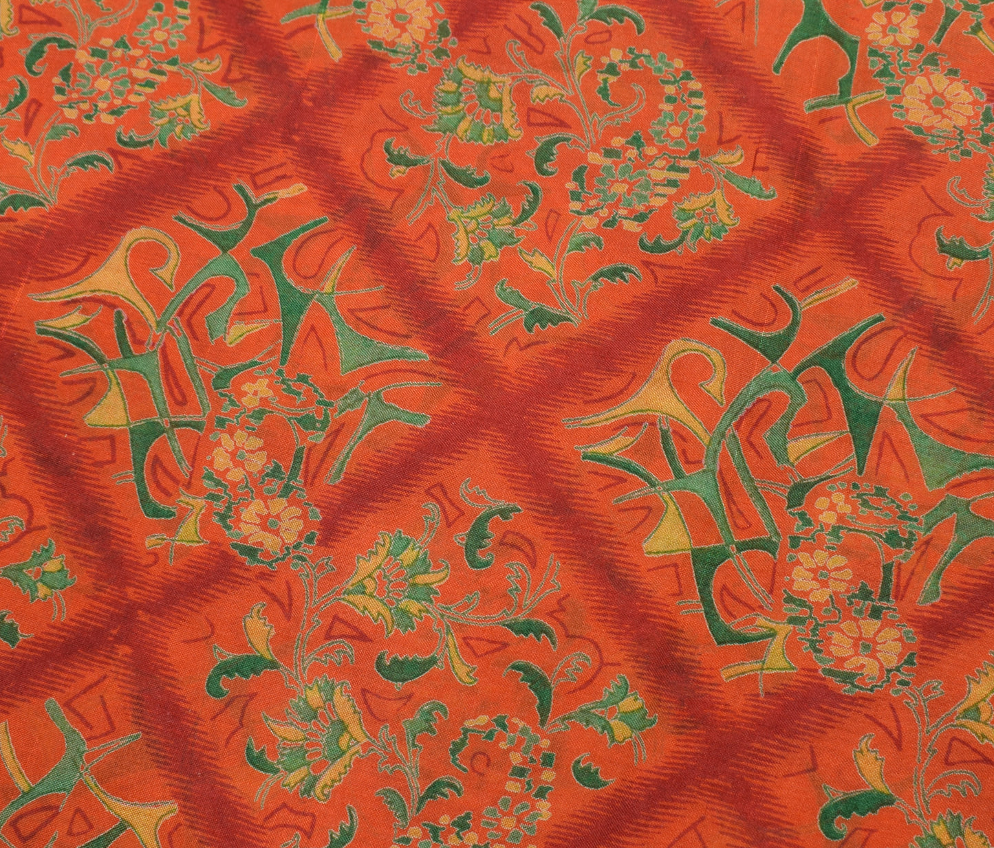 Sushila Vintage Orange Scrap Saree 100% Pure Silk Printed Floral Sari Fabric