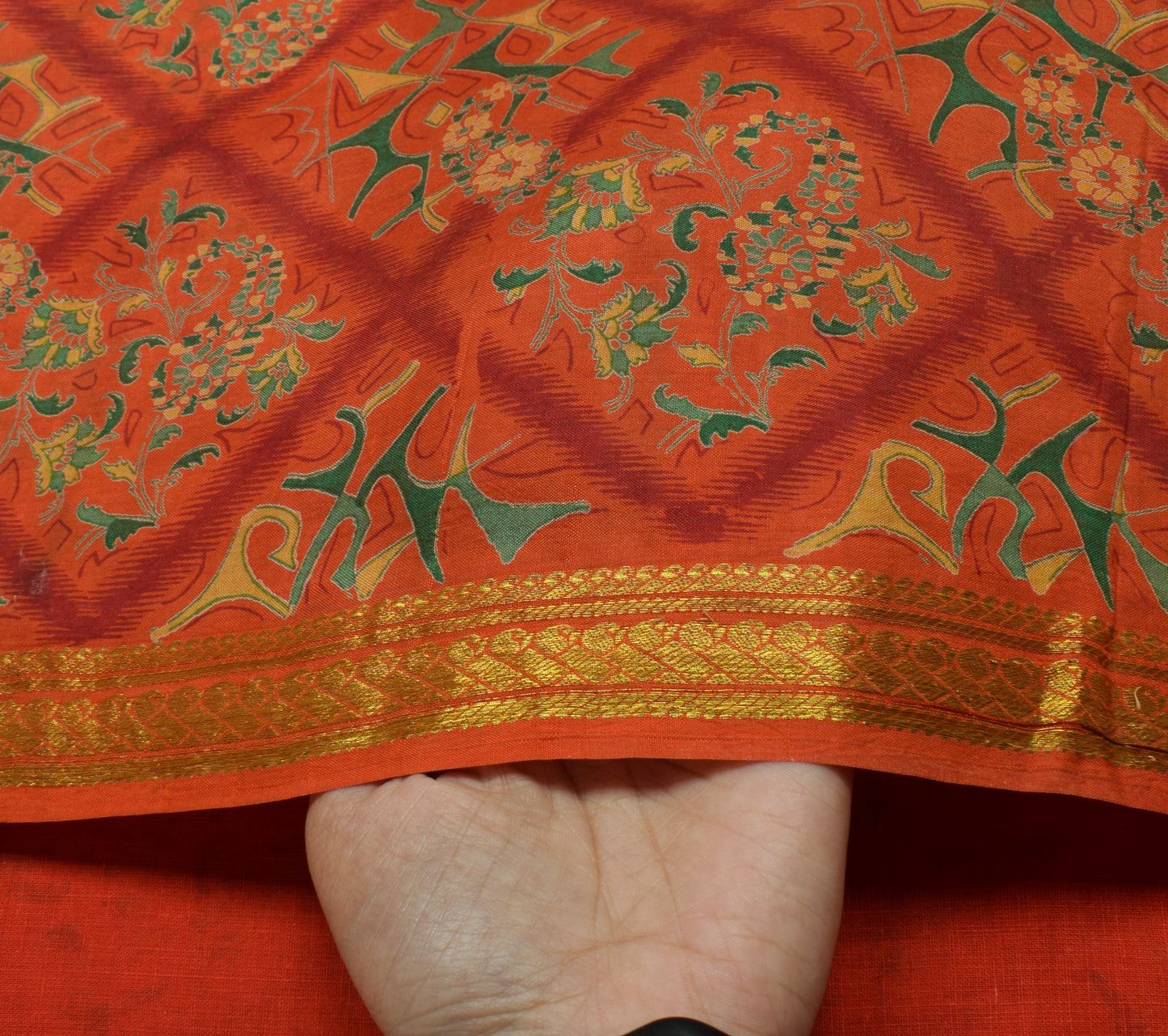 Sushila Vintage Orange Scrap Saree 100% Pure Silk Printed Floral Sari Fabric