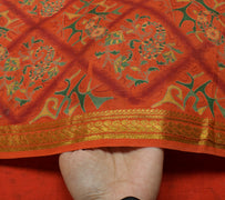 Sushila Vintage Orange Scrap Saree 100% Pure Silk Printed Floral Sari Fabric