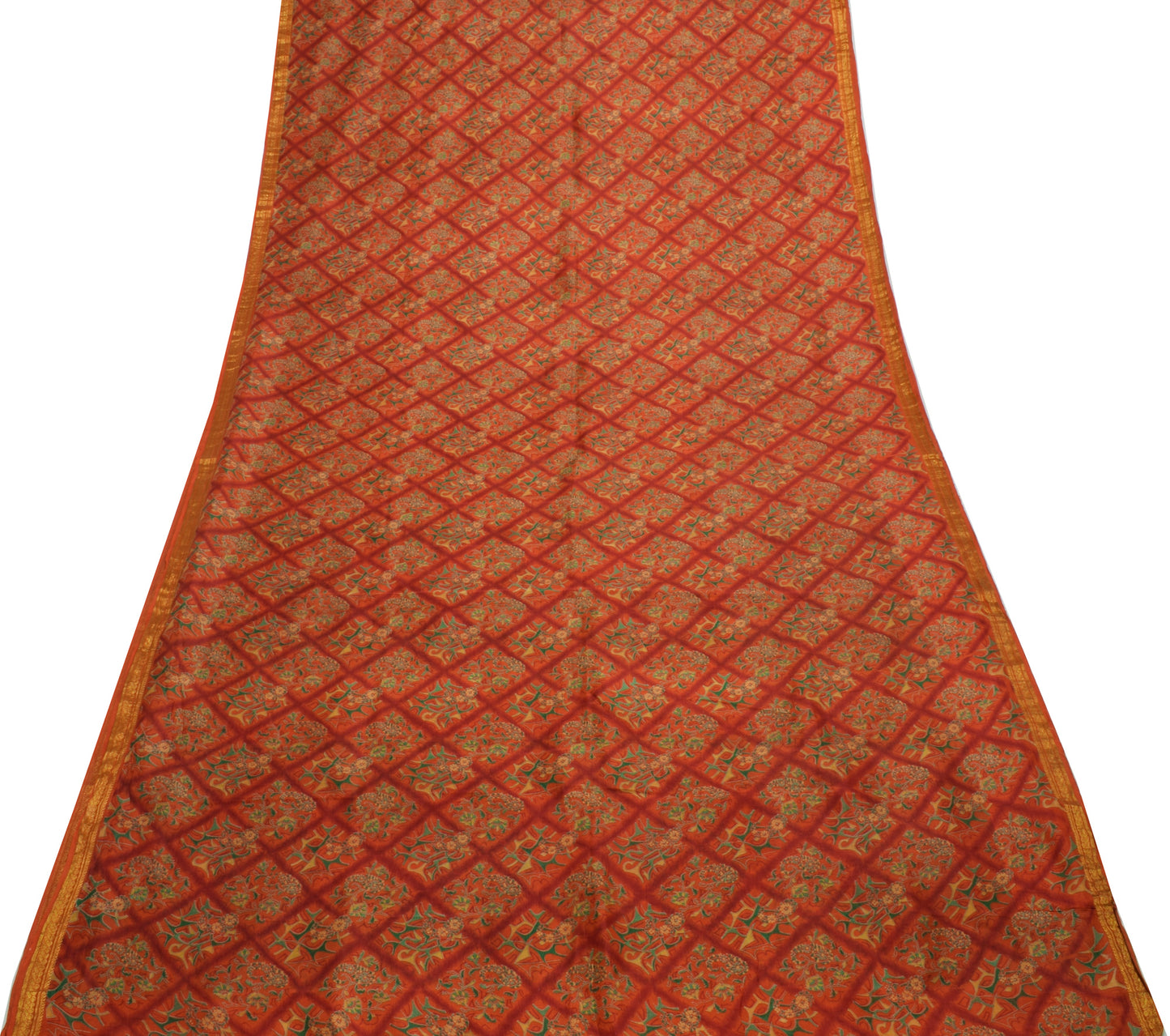 Sushila Vintage Orange Scrap Saree 100% Pure Silk Printed Floral Sari Fabric
