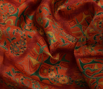 Sushila Vintage Orange Scrap Saree 100% Pure Silk Printed Floral Sari Fabric