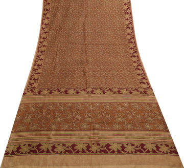 Sushila Vintage Brown Scrap Saree 100% Pure Silk Printed Floral Sari Fabric