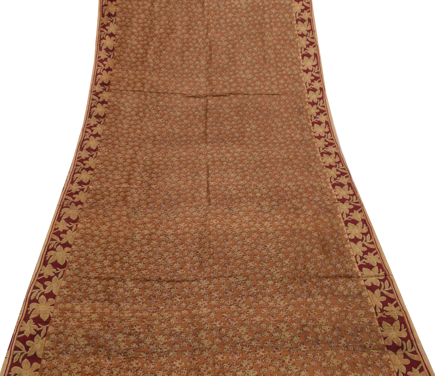 Sushila Vintage Brown Scrap Saree 100% Pure Silk Printed Floral Sari Fabric