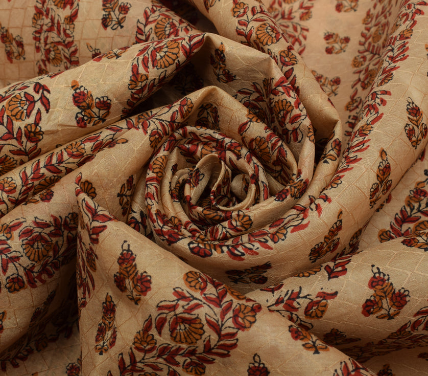 Sushila Vintage Light Brown Scrap Saree Pure Silk Printed Floral Sari Fabric