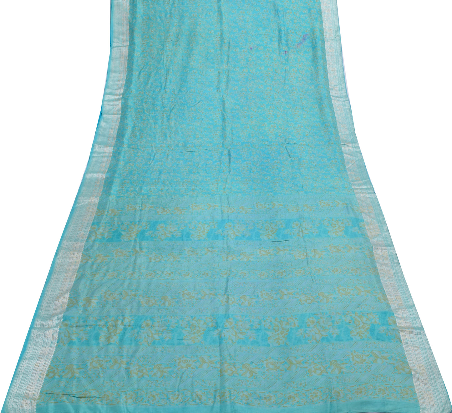 Sushila Vintage Turquoise Blue Scrap Sari Pure Silk Printed Floral Sari Fabric