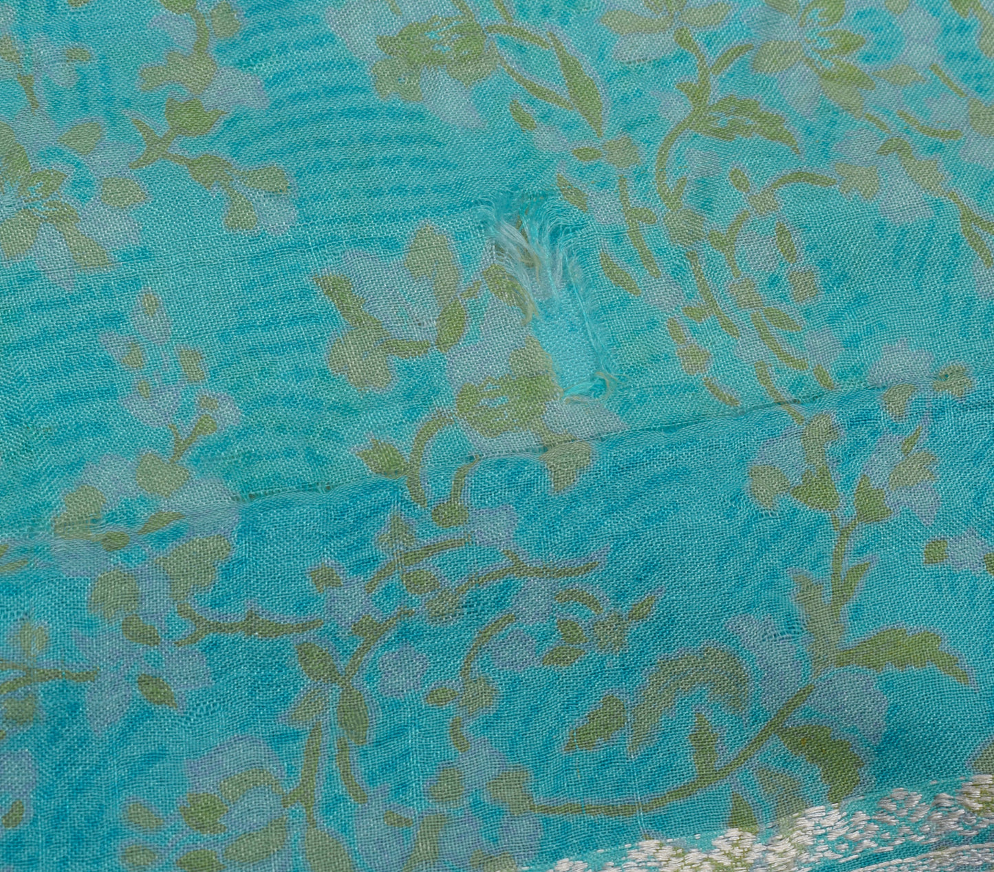 Sushila Vintage Turquoise Blue Scrap Sari Pure Silk Printed Floral Sari Fabric