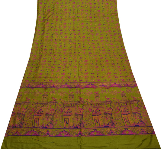 Sushila Vintage Green Scrap Saree 100% Pure Silk Printed 5 Yard Sari Fabric