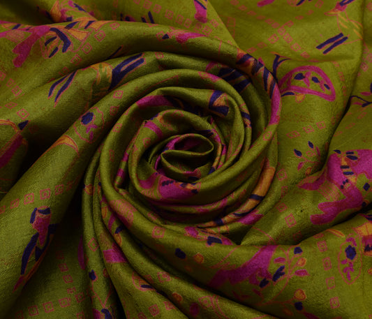 Sushila Vintage Green Scrap Saree 100% Pure Silk Printed 5 Yard Sari Fabric