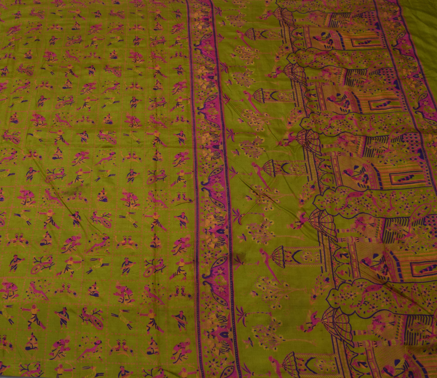 Sushila Vintage Green Scrap Saree 100% Pure Silk Printed 5 Yard Sari Fabric