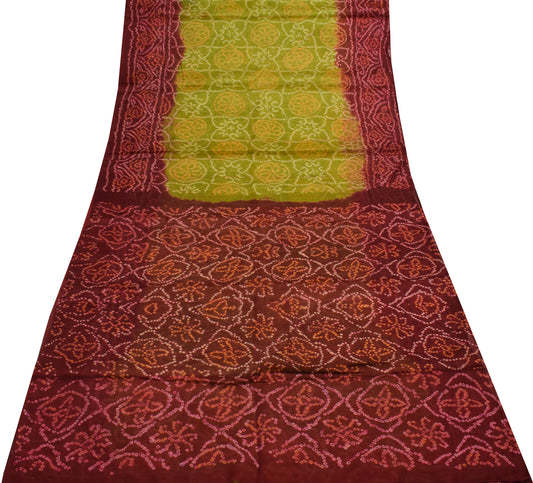 Sushila Vintage Green Scrap Saree 100% Pure Silk Bandhani Printed Sari Fabric
