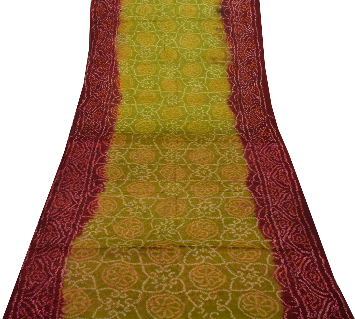 Sushila Vintage Green Scrap Saree 100% Pure Silk Bandhani Printed Sari Fabric