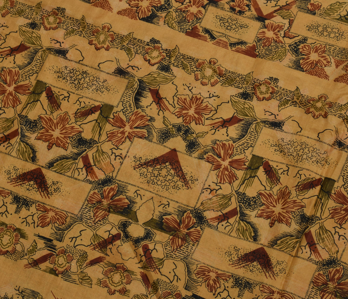 Sushila Vintage Brown Scrap Saree 100% Pure Silk Printed Floral Sari Fabric