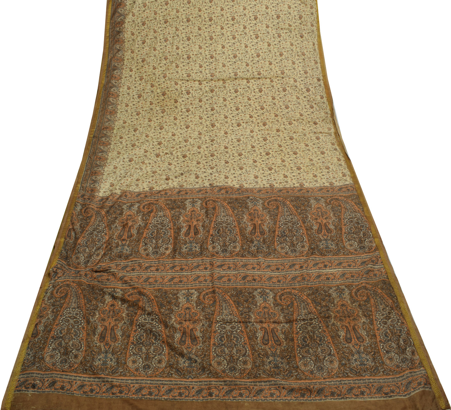 Sushila Vintage Cream Scrap Saree Blend Silk Printed Floral Sari Fabric