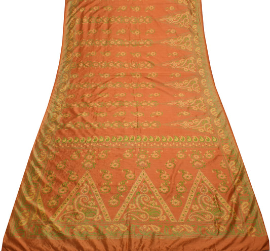 Sushila Vintage Orange Scrap Saree 100% Pure Silk Printed Floral Sari Fabric