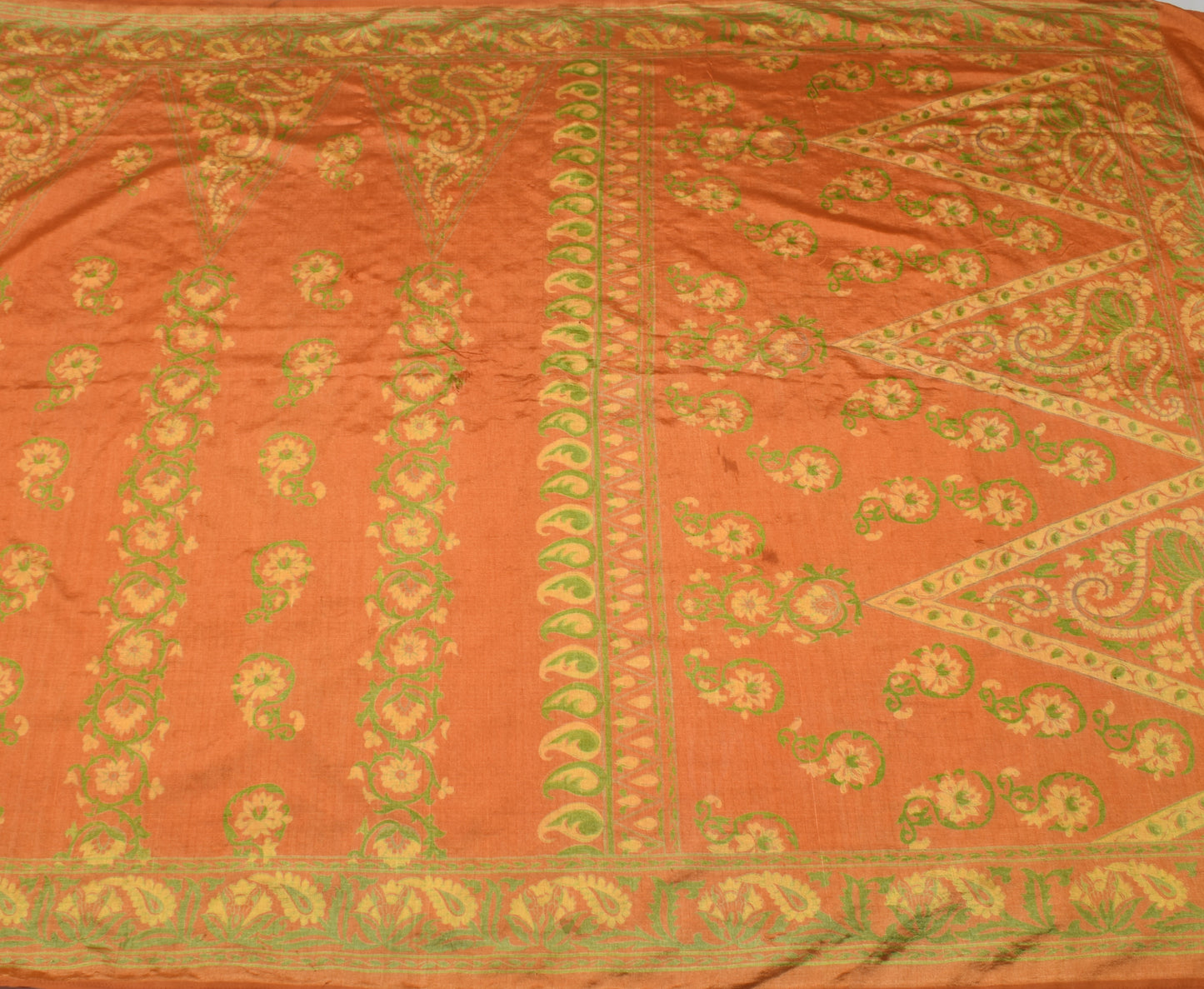 Sushila Vintage Orange Scrap Saree 100% Pure Silk Printed Floral Sari Fabric