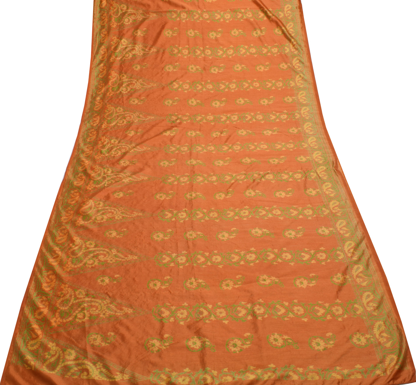 Sushila Vintage Orange Scrap Saree 100% Pure Silk Printed Floral Sari Fabric