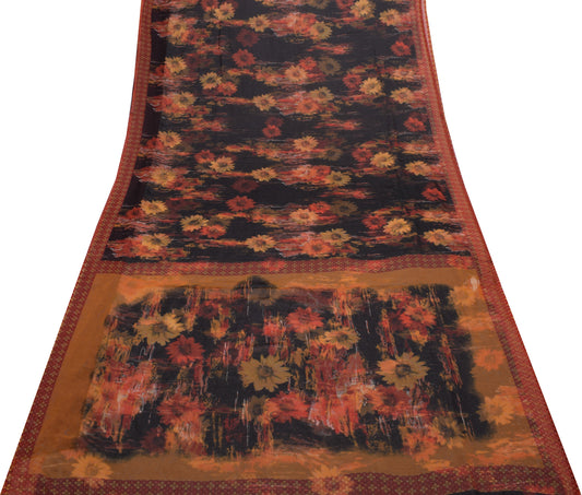 Sushila Vintage Black Scrap Saree Blend Chiffon Silk Printed Floral Sari Fabric