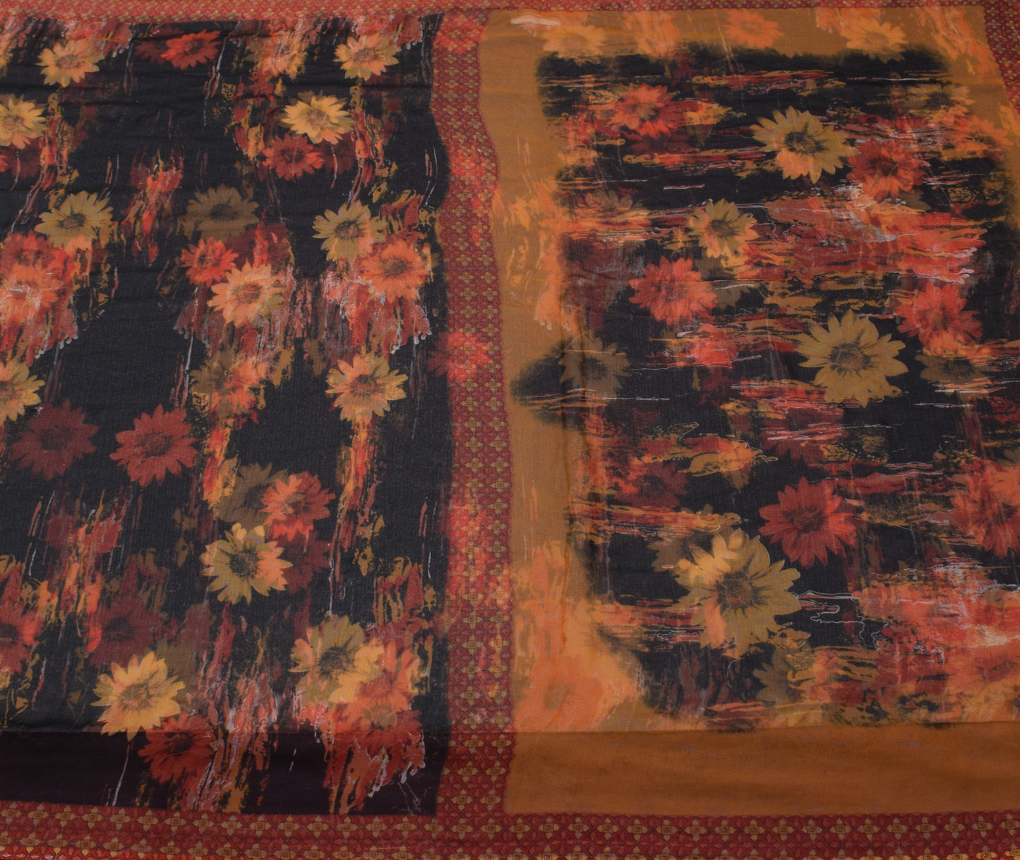 Sushila Vintage Black Scrap Saree Blend Chiffon Silk Printed Floral Sari Fabric
