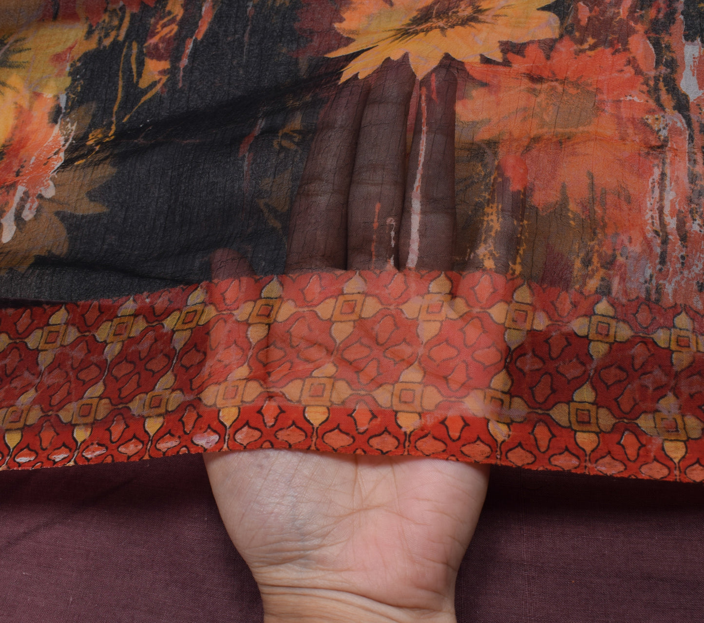 Sushila Vintage Black Scrap Saree Blend Chiffon Silk Printed Floral Sari Fabric