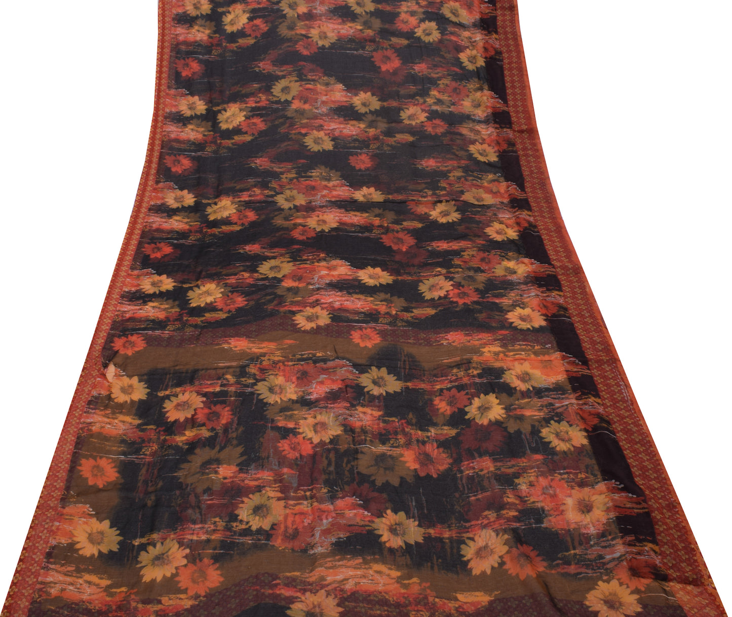 Sushila Vintage Black Scrap Saree Blend Chiffon Silk Printed Floral Sari Fabric