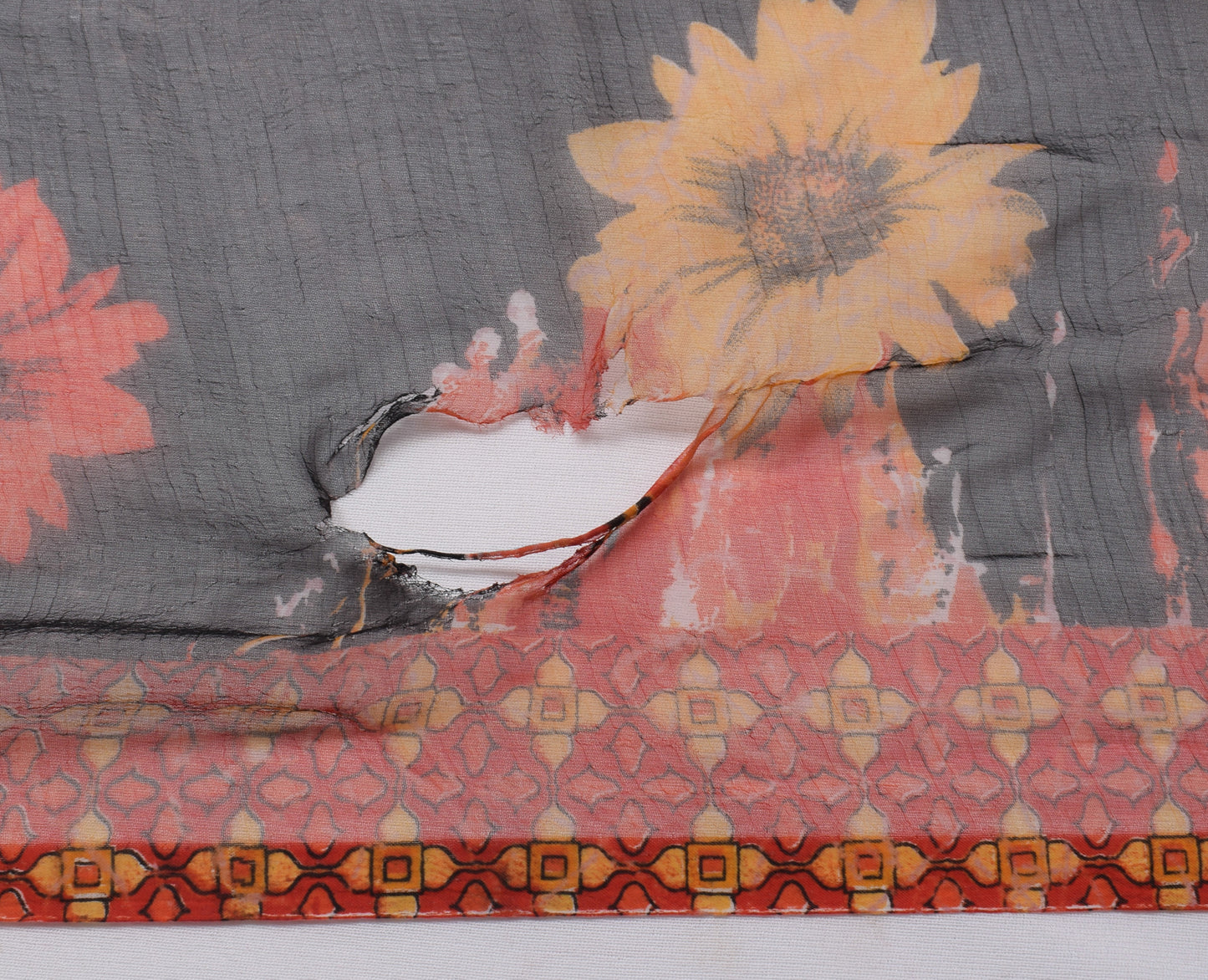 Sushila Vintage Black Scrap Saree Blend Chiffon Silk Printed Floral Sari Fabric