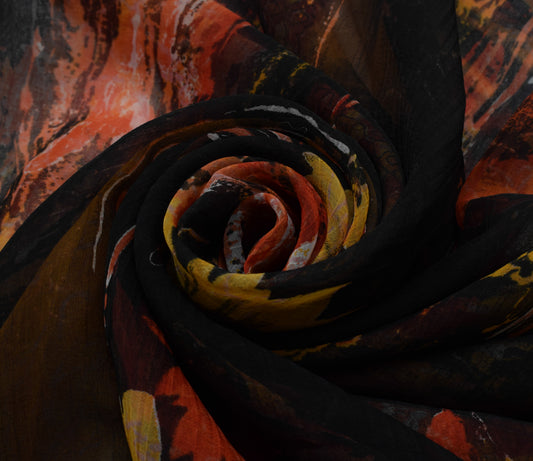 Sushila Vintage Black Scrap Saree Blend Chiffon Silk Printed Floral Sari Fabric