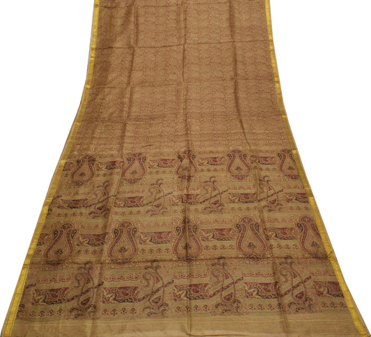 Sushila Vintage Brown Scrap Saree 100% Pure Silk Printed Floral Sari Fabric