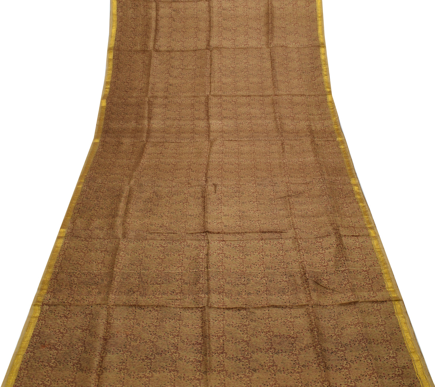 Sushila Vintage Brown Scrap Saree 100% Pure Silk Printed Floral Sari Fabric