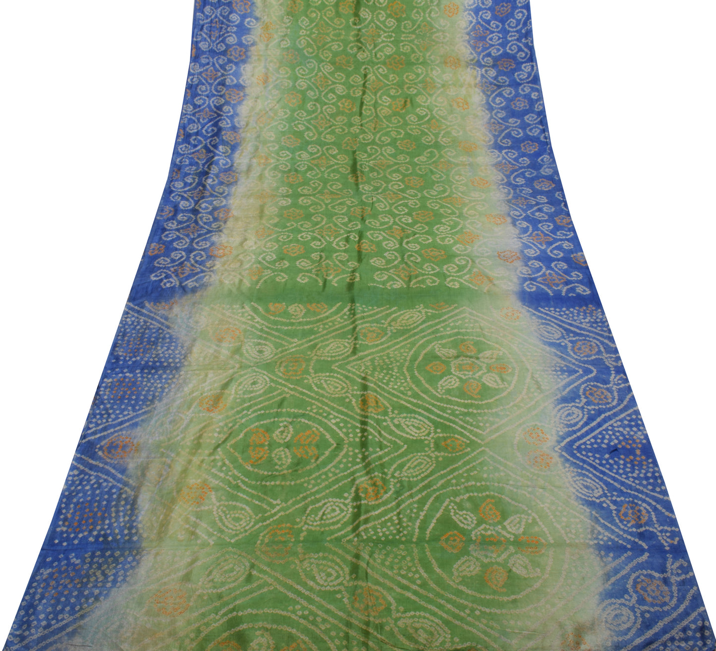Sushila Vintage Green Scrap Saree 100% Pure Silk Bandhani Printed Sari Fabric
