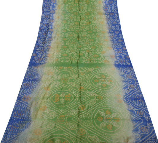 Sushila Vintage Green Scrap Saree 100% Pure Silk Bandhani Printed Sari Fabric