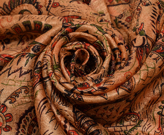 Sushila Vintage Brown Scrap Saree Blend Silk Printed 5 Yard Sari Craft Fabric