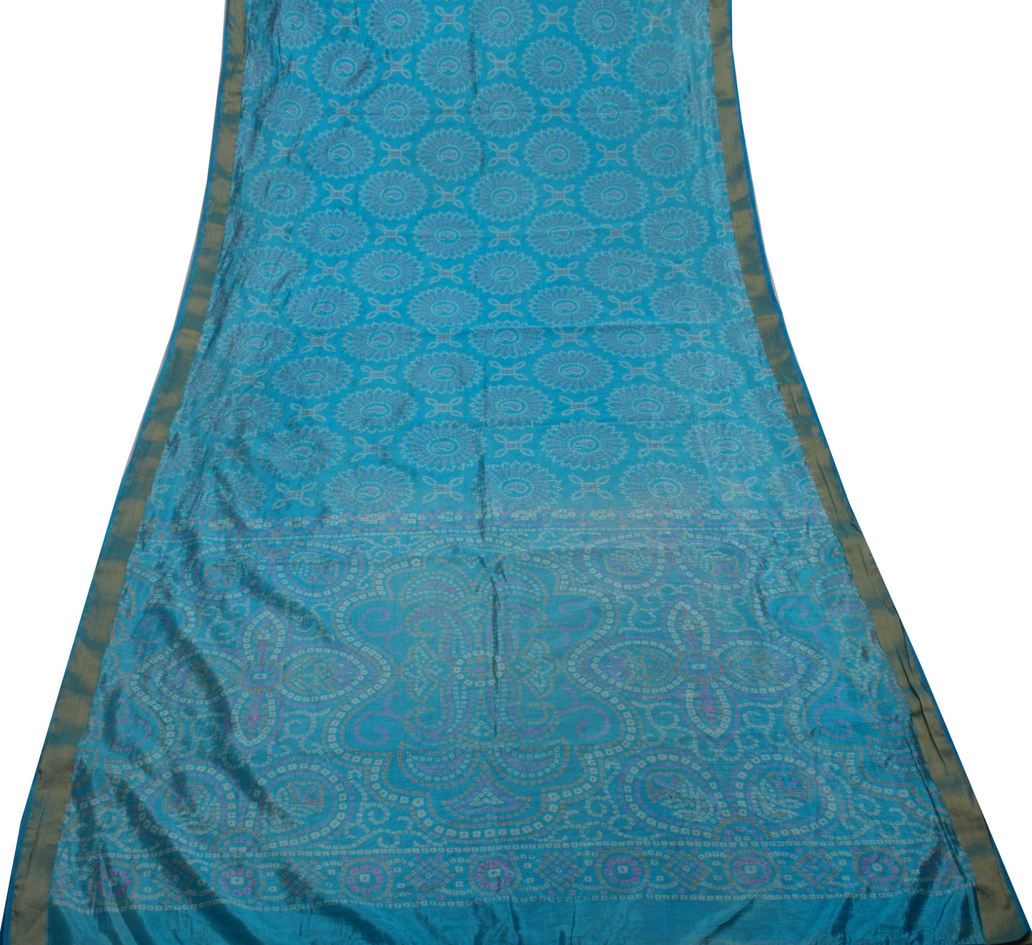 Sushila Vintage Indian Blue Scrap Saree Blend Silk Bandhani Printed Sari Fabric