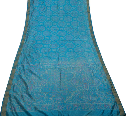 Sushila Vintage Indian Blue Scrap Saree Blend Silk Bandhani Printed Sari Fabric
