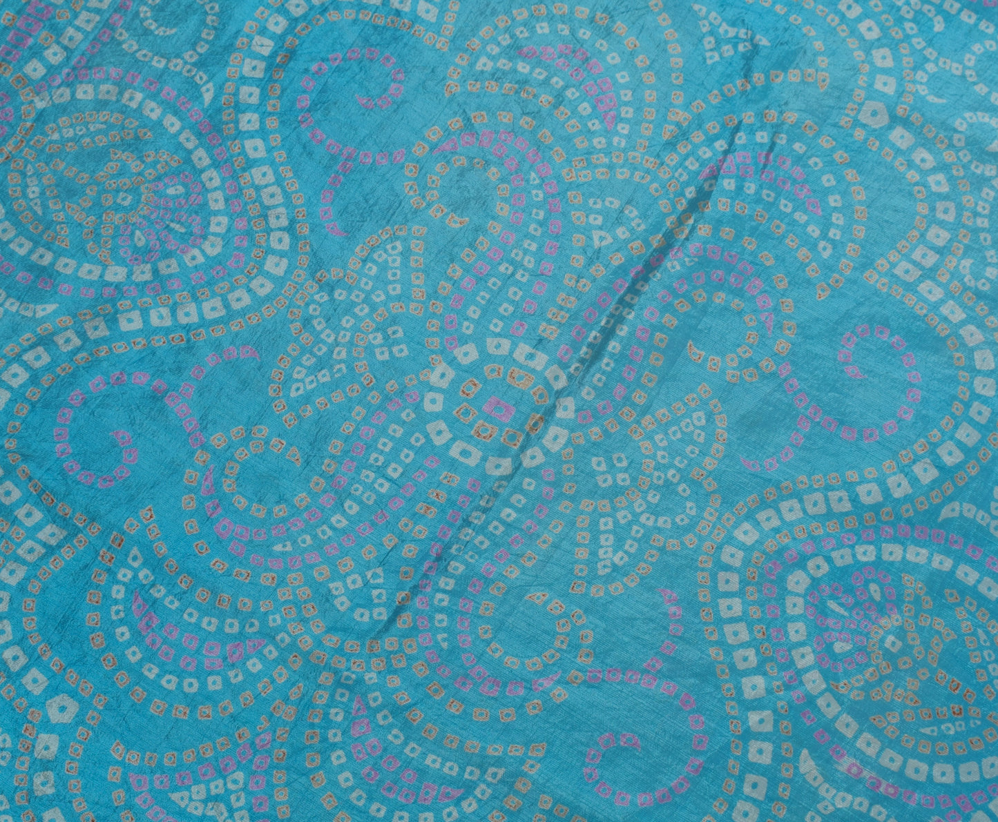 Sushila Vintage Indian Blue Scrap Saree Blend Silk Bandhani Printed Sari Fabric