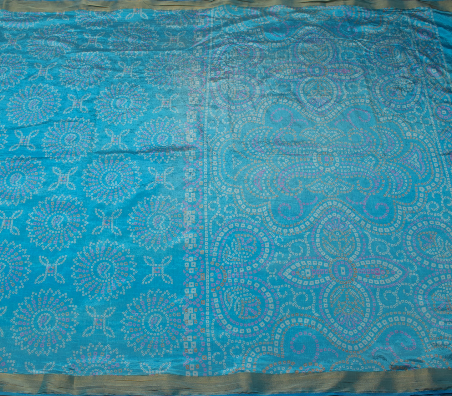 Sushila Vintage Indian Blue Scrap Saree Blend Silk Bandhani Printed Sari Fabric