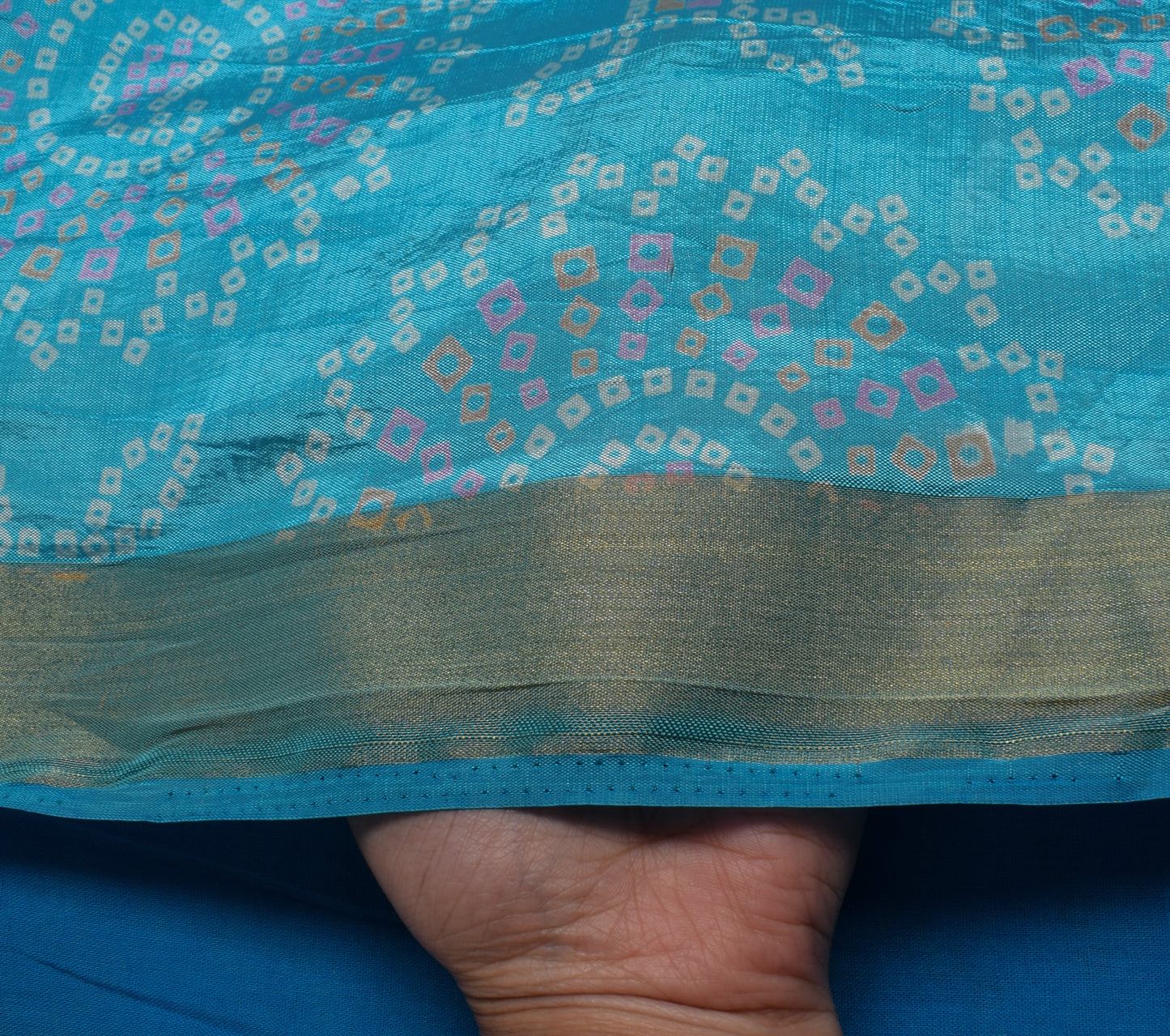 Sushila Vintage Indian Blue Scrap Saree Blend Silk Bandhani Printed Sari Fabric