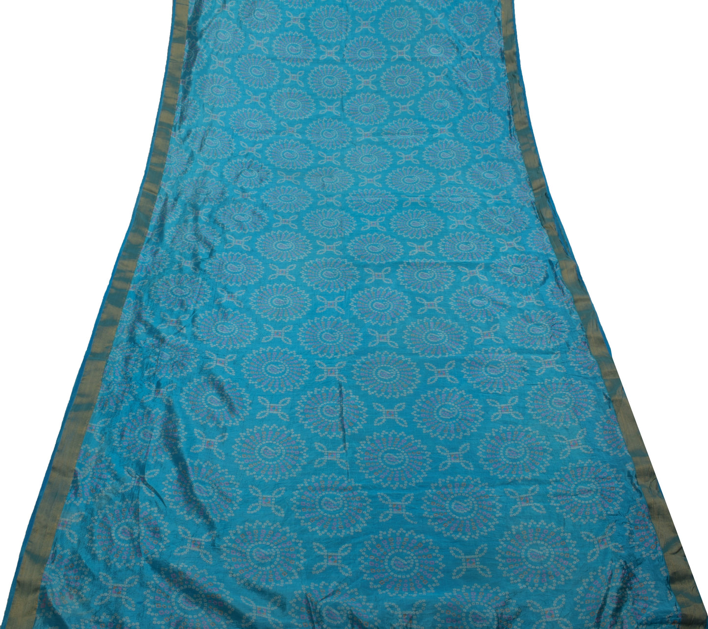 Sushila Vintage Indian Blue Scrap Saree Blend Silk Bandhani Printed Sari Fabric