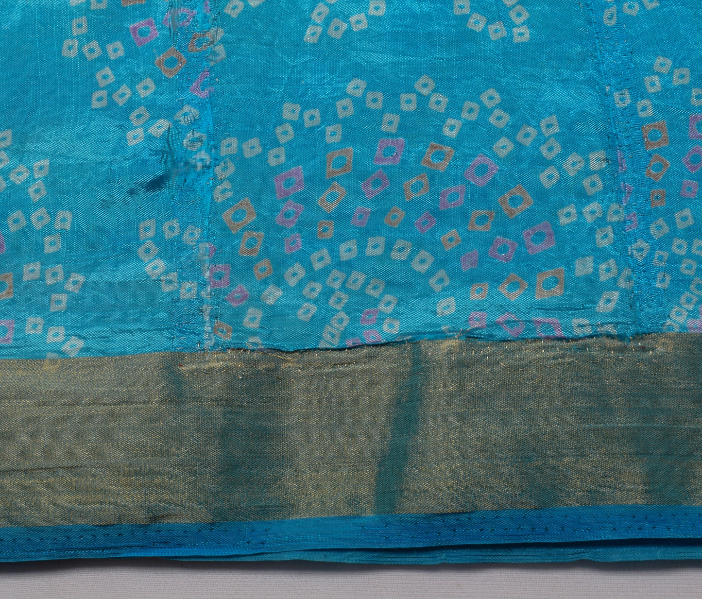Sushila Vintage Indian Blue Scrap Saree Blend Silk Bandhani Printed Sari Fabric