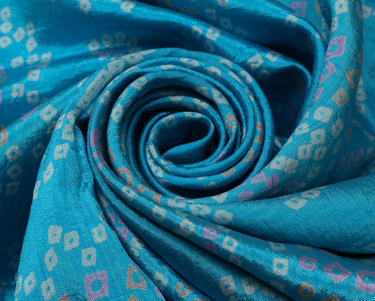 Sushila Vintage Indian Blue Scrap Saree Blend Silk Bandhani Printed Sari Fabric