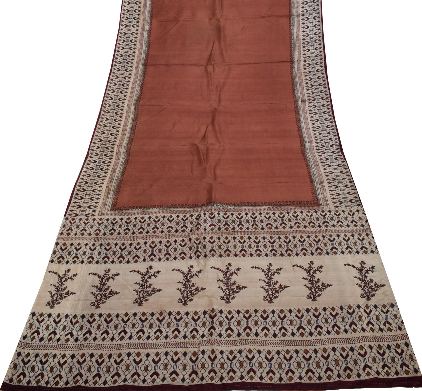 Sushila Vintage Brown Scrap Saree 100% Pure Silk Printed Sari 5 YD Craft  Fabric