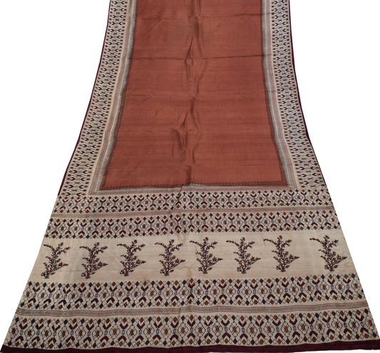 Sushila Vintage Brown Scrap Saree 100% Pure Silk Printed Sari 5 YD Craft  Fabric