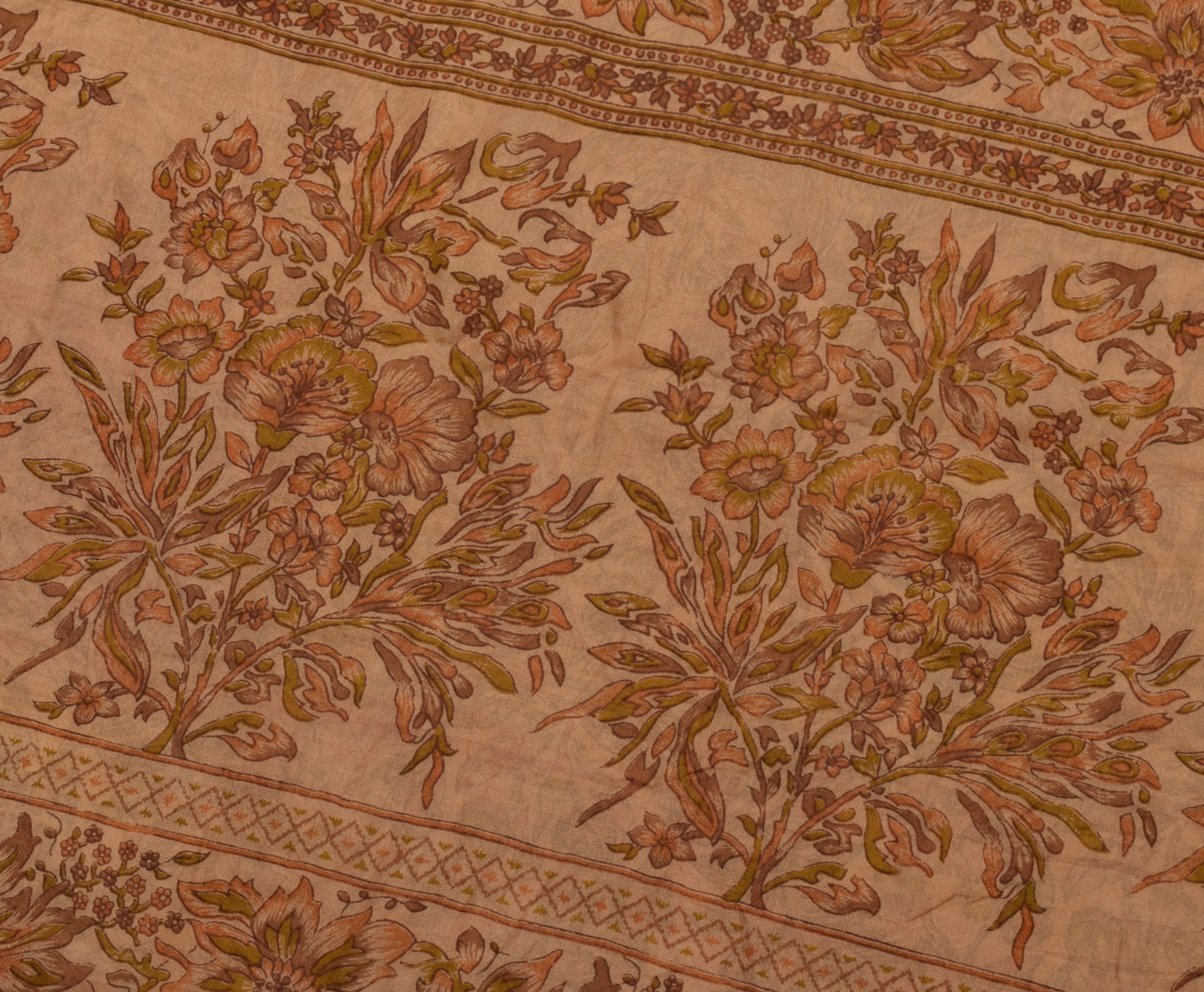Sushila Vintage Brown Scrap Saree 100% Pure Silk Printed Floral Sari Fabric